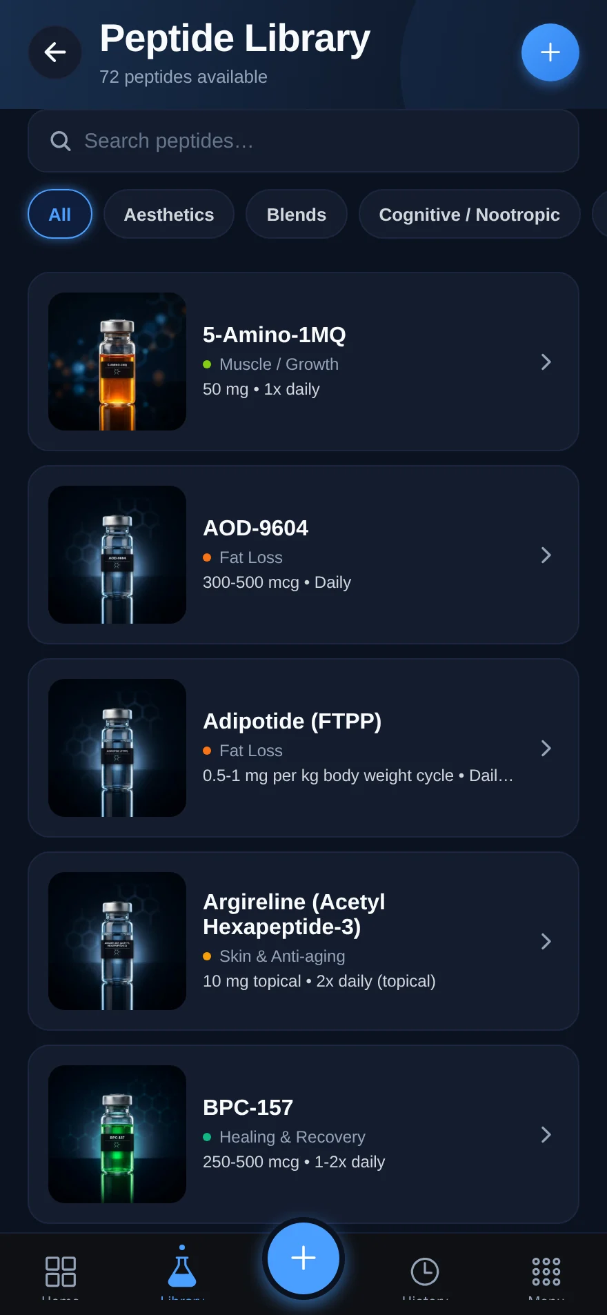 Peptide library with 3D vials and category filters